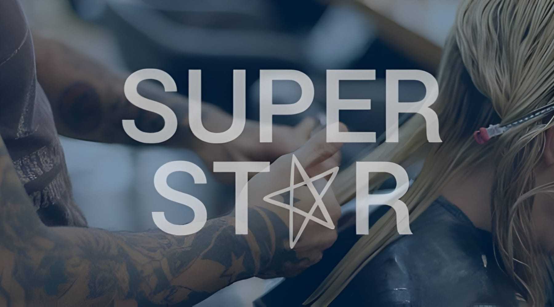 Hairstylist cutting long hair, bold text "SUPER STAR" over image.